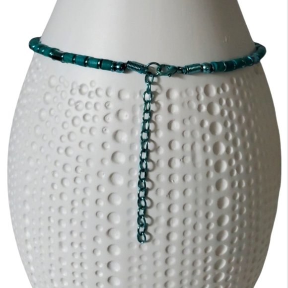 Teal/Turquoise Artisan Cylinder Beaded Choker with teal chain - Picture 2 of 2